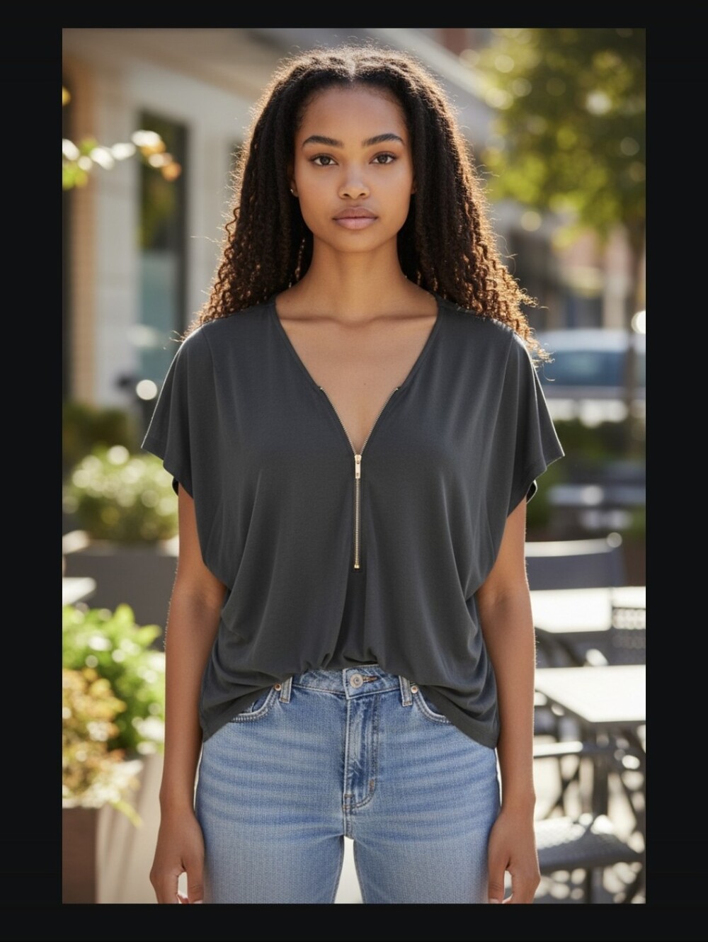 Black Zip-Front Women's Top With Pintuck Sleeve Detail SZ L